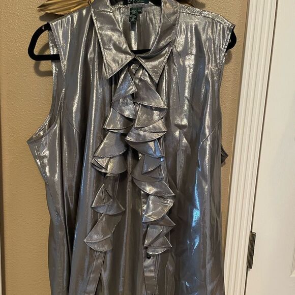 LAUREN Ralph Lauren Silver Metallic Ruffle Vintage Plus Size Sheer Women’s Tank - Picture 1 of 15